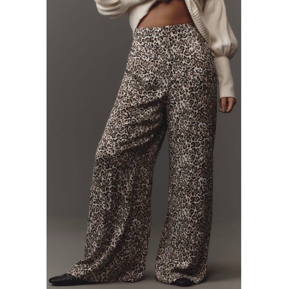 Maeve Anthropologie Leopard Print Pull-On Pants Size L Neutral  Pattern Wide Leg - Picture 1 of 9